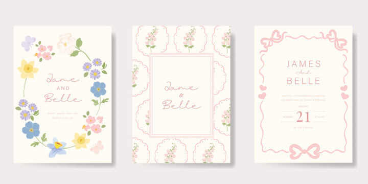 Elegant wedding invitation card background vector. Minimal hand drawn ribbon frame and floral frame template background. Design illustration for wedding, vip cover, poster, rsvp modern card.