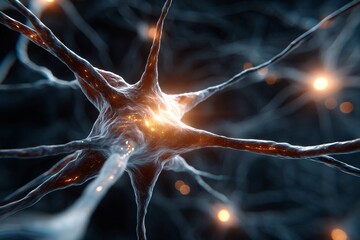 Neural Network: Glowing neuron transmit electrical impulses and form an intricate neural network, illustrating the complexity and connectivity of the nervous system and human brain.
