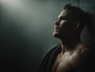 Muscular Man in Black Towel Gazing Upward, Raindrops on Glowing Skin, Contemplative Profile in Dim Room