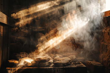 Steaming hot sauna stones in rustic wooden setting