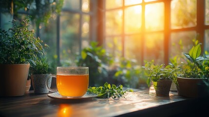 Warm Tea in a Sunlit Garden with Fresh Green Plants Around