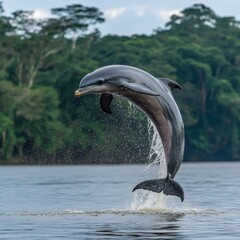 Obraz premium Dolphin Jumping Above Water Surface in Lush Green Forest Background