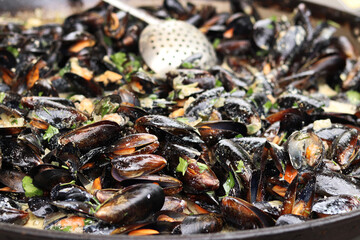 Mussels with parsley and sauce in a large frying pan. Food court. Street food. Mussels with shells cooked with herbs in a frying pan. Mussels cooked in sauce at a street market. Cooking a seafood dish
