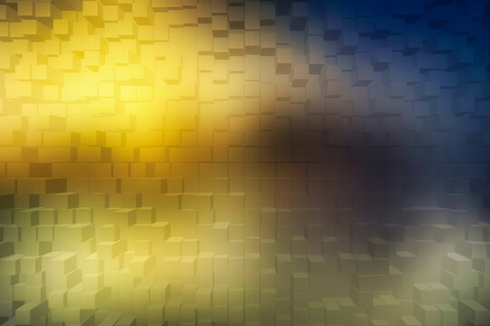 3D Abstract Cube Wall with Yellow and Blue Gradient Lighting