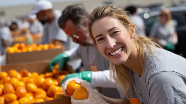 Volunteers work together to pack fresh citrus fruits into boxes, smiling and enjoying their time on a sunny afternoon at a community service event in a warehouse