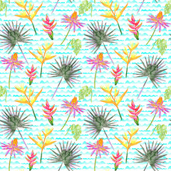 Exotic watercolor flowers seamless beach pattern