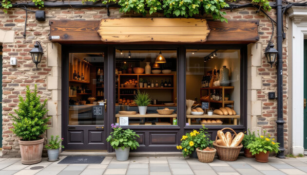 artisanal bread bakery exterior featuring blank signage rustic textures exposed brick potted herbs and baskets of loaves near entry ideal for commercial branding use