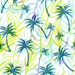 Palm trees and leaves seamless tropical watercolor vintage pattern
