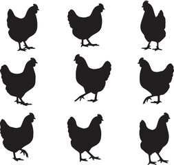 Grid of nine black silhouettes of chickens, each in a slightly different pose, on a white background
