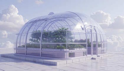 Fototapeta premium modern glass greenhouse with lush plants inside stands on tiled rooftop under bright, cloudy sky. structure transparent design allows sunlight to nourish greenery within