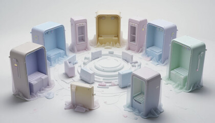circle of pastel colored, futuristic pods with open doors and melting effects creates surreal, dreamlike atmosphere. arrangement suggests blend of technology and art in minimalist setting