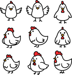 A charming set of hand-drawn style cartoon chicken doodles