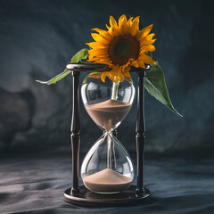 A conceptual still life with a sand-filled hourglass, a vibrant sunflower, and a green leaf, symbolizing time and nature's beauty, set against a dark background.