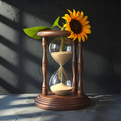 A conceptual still life with a sand-filled hourglass, a vibrant sunflower, and a green leaf, symbolizing time and nature's beauty, set against a dark background.