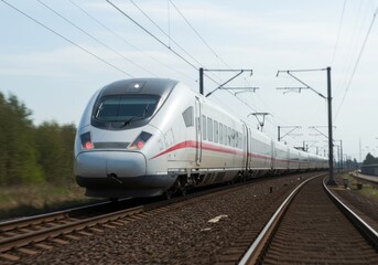 Obraz premium Fast moving train on the railway on background