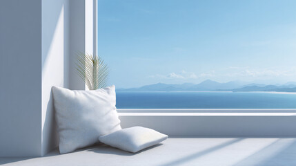 Serene Coastal View with White Pillows and Palm Leaf, Minimalist Interior Design for Relaxation and Tranquility