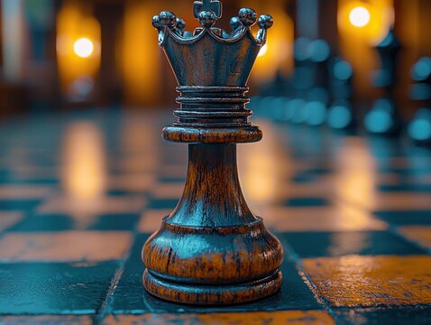 Close-up of a dark-toned queen chess piece on a checkered board