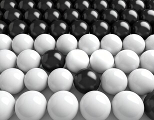 Minimalistic 3D rendering of alternating black and white glossy spheres arranged in a geometric grid pattern with high contrast.