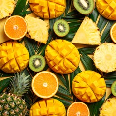 Colorful tropical fruit arrangement featuring sliced mangoes, kiwis, oranges, and pineapples on palm leaves, evoking a summer and exotic vibe.