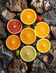 Colorful citrus and berry fruit slices arranged in a circular pattern over textured cracked stone background, evoking natural freshness and contrast.