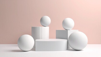 Abstract white spheres and pedestals arranged in a clean, modern composition against a pastel pink backdrop for design concepts.