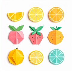 Flat lay of geometric paper origami fruits including citrus slices, apple, strawberry, and lemon on a clean white background.