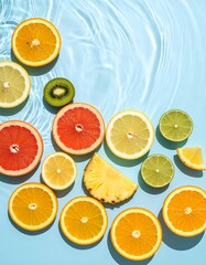 Colorful slices of citrus and tropical fruits floating on blue water with sunlight reflections, evoking summer, freshness, and health.