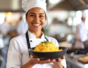 Chef holding a bowl of pasta