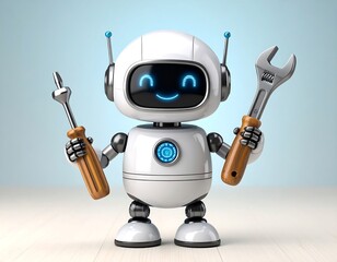 Cute robot holding tools