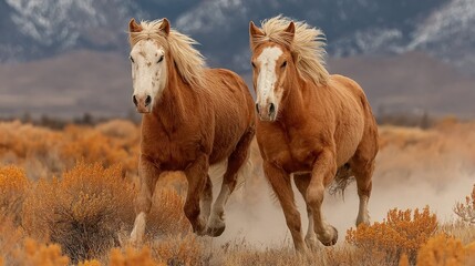 Obraz premium Two chestnut-colored horses with flowing blonde manes and white facial markings gallop energetically across a grassy plain, kicking up a cloud of dust with their powerful legs. Surrounded by golden-or
