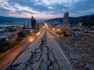 Earthquake Damage Highway: A long highway with severe earthquake damage, showing cracks and fissures in the asphalt, stretches towards a city skyline at dusk.