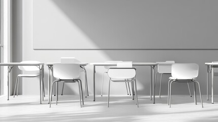 School chairs and desks with white accents and text space, transparent background