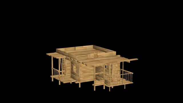 3D animation of a wooden house frame under construction. The structure is shown without walls or roof, revealing the architectural layout. Ideal for architecture, design visualization, or construction
