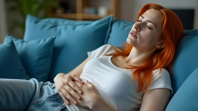 Woman with stomach ache laying on a settee feeling bloated and uncomfortable