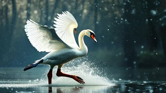 Majestic swan taking flight from a glistening lake in slow motion capturing nature's captivating display