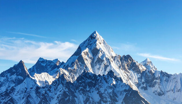 Snowy mountain peak under clear blue sky with rugged rocky slopes and bright sunlight illuminating landscape, creating serene and majestic natural scene