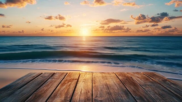 Serene ocean waves gently lapping on sandy shore under warm golden sunset light with wooden dock view