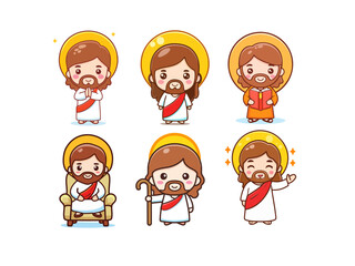 Cute Jesus Christ Vector Illustration Set Cartoon Style For Christian Kids Bible Story Teaching Materials.