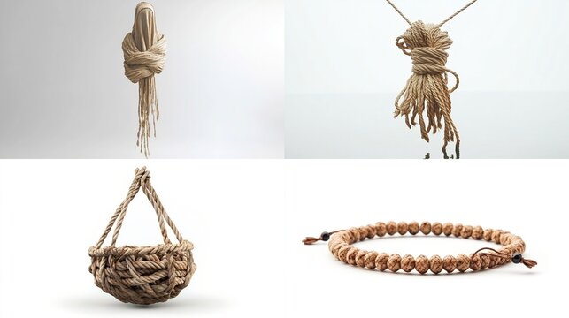 Four close-up shots showcase beige, natural fiber crafts a knotted fabric piece, a hanging rope bundle, a woven basket, and a beaded bracelet.  All items  - Powered by Adobe