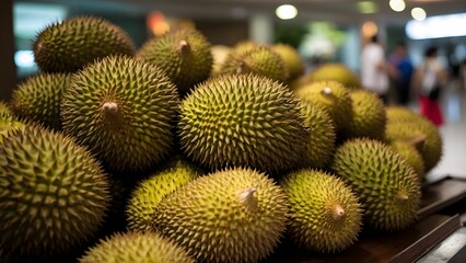 Fototapeta premium Fresh durians displayed in a bustling market, surrounded by various tropical fruits like jackfruit and citrus, inviting shoppers to indulge in exotic flavors Generative AI
