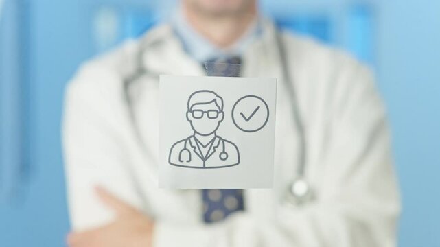 Blurred doctor wearing lab coat and stethoscope is holding and showing a sticky note with a verified doctor icon on it, isolated on a white background