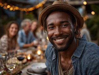 Smiling Man at Gathering: A charismatic man with a warm smile and stylish hat sits at a festive outdoor dinner party, surrounded by friends and family, capturing a moment of joy and togetherness.