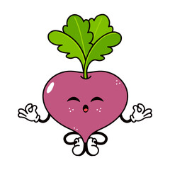 Cartoon Beetroot sitting cross legged, practicing mindfulness, embodying wellness and vegetarian lifestyle