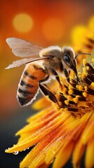 The Humble Bee's Delight: A close-up shot of a bee delicately collecting nectar from a vibrant sunflower, capturing the golden hues and the industrious nature of this tiny pollinator. 