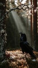 Raven in a Whispering Forest: A captivating image of a solitary raven perched in a mystical forest, bathed in ethereal sunlight that filters through the towering trees.