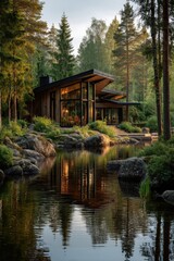 Obraz premium Finnish forest cabin nestled by a shimmering lake surrounded by evergreen trees