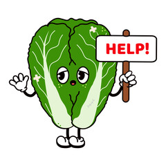 Cartoon Napa Cabbage holding a help sign, expressing exhaustion and a strong need for assistance with a worried and distressed look