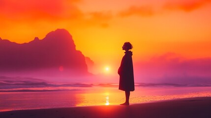 Solitude at Sunset: A woman silhouette stands on a beach, gazing out at a vibrant sunset over the ocean, conveying a sense of peace and contemplation.
