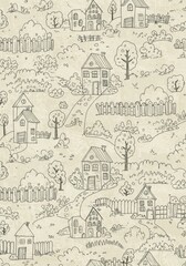 Fototapeta premium Playful Village Houses and Trees Wall Art - Charming illustration of a whimsical village scene, symbolizing home, community, nature, growth, and happiness