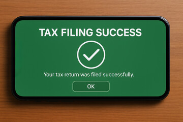 Tax filing success deal compliance checkmark confirmation on smartphone screen with wooden background
